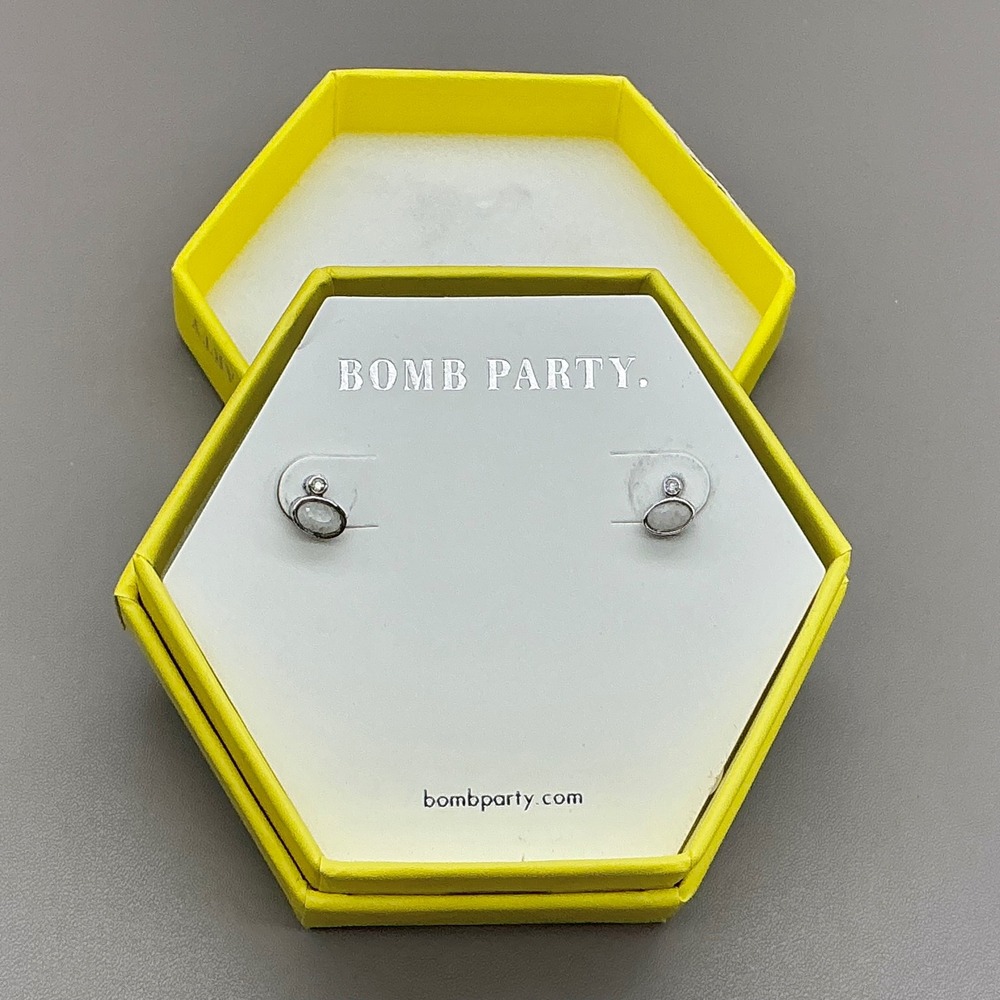 Bomb Party Genuine White Quartz Stud Earrings 1/4 Inch Rhodium Plated RBP3440